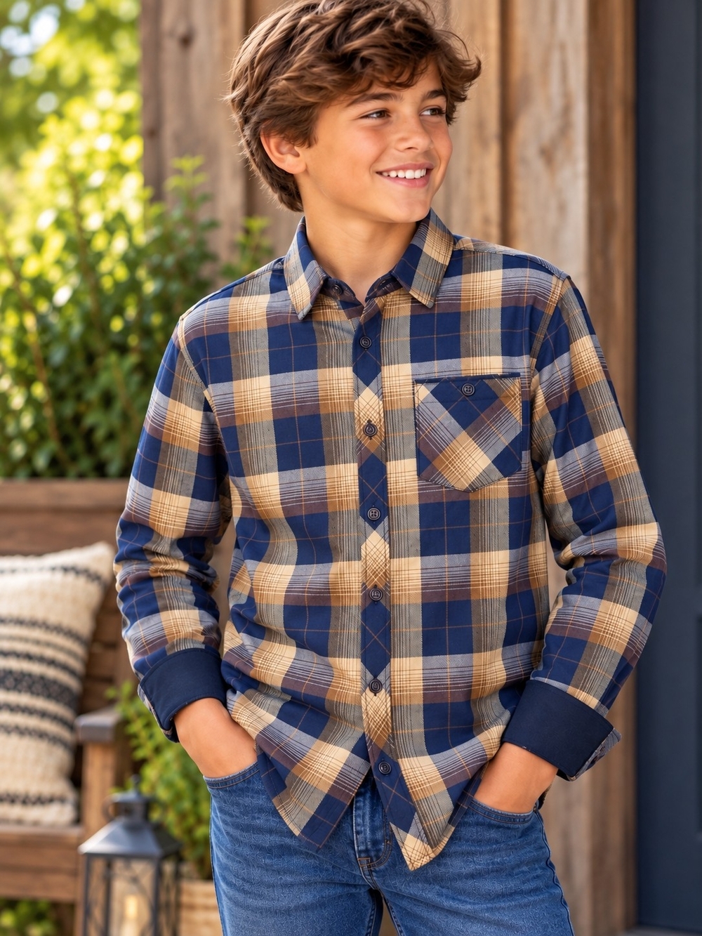 NWT Nomad Craft + Flow Boys 14 L Navy Tan Plaid Button Down Shirt